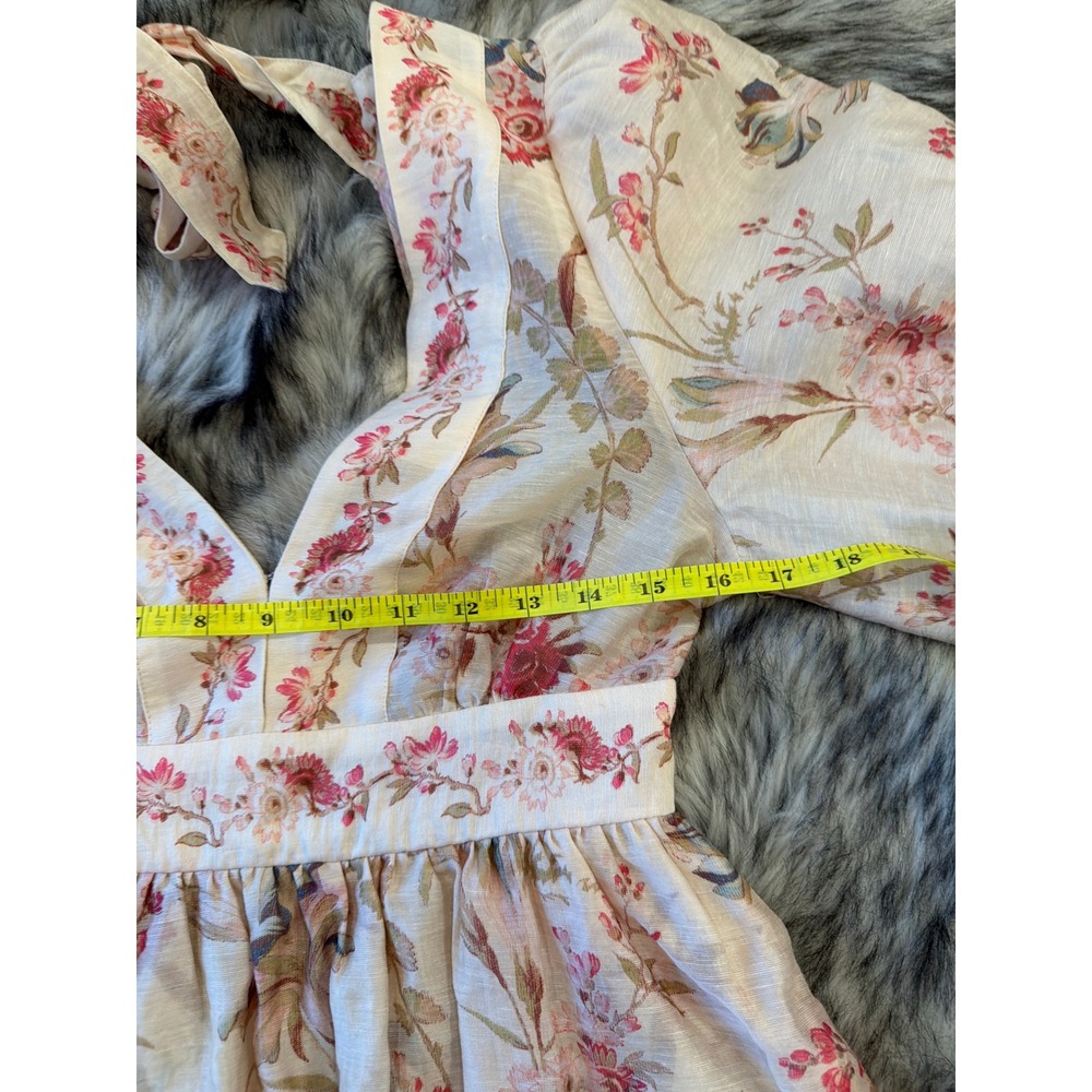 Floral Linen Blend Tiered Mini Dress Puff Sleeve Open Back Tie Pink Cream - Picture 6 of 10